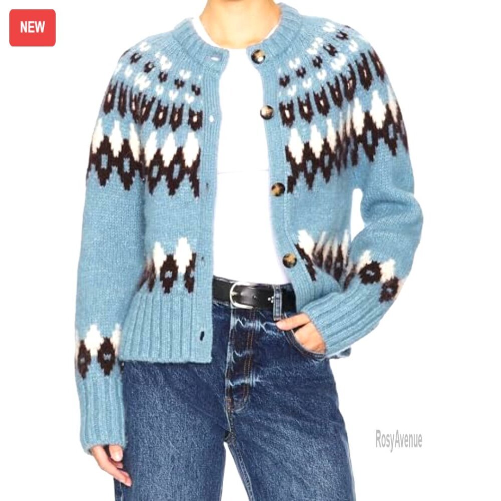 Fair Isle Cropped Cardigan Chunky Knit Crewneck Long Sleeve Sweater Cozy Fall - Picture 2 of 7